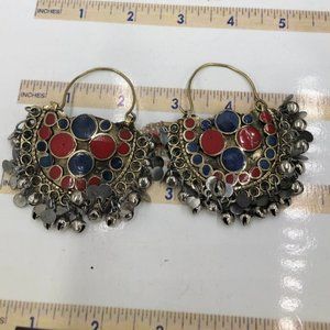 Red and Blue Kuchi Bali Earrings With Small Silver Bells, Ethnic Hoop Style Vint
